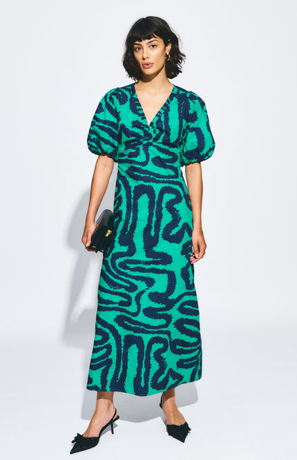POM Amsterdam Jurk Poplin Waves Green Multi Colour SP9552 Stretchshop.nl