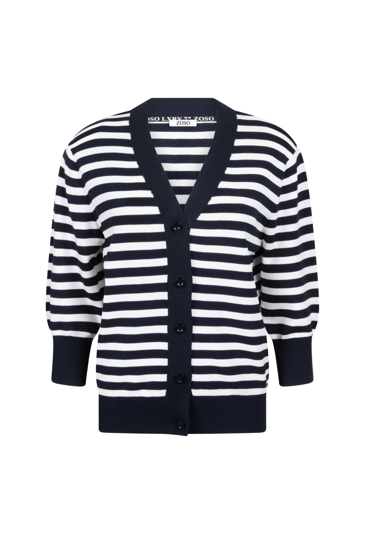 Witte en navy vest Monica van Zoso, getoond in een close-up met details van de stof en pasvorm.