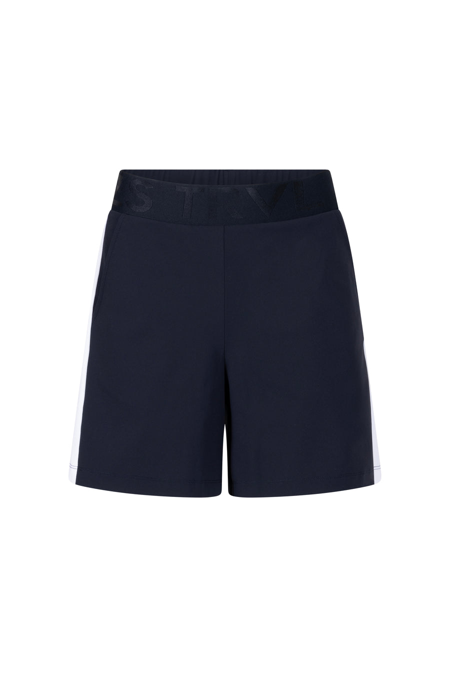 Zoso Travel Short Pamela Navy, korte reisbroek van donkerblauw katoen met elastische taille en praktische zakken.