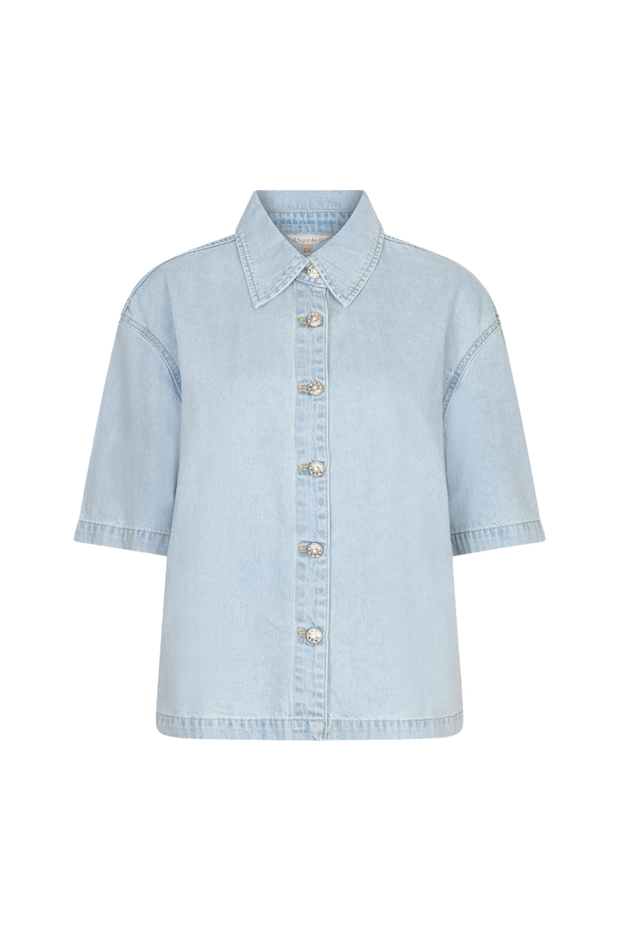 Blouse van lichtblauwe denim jeans van EsQualo, kort model met knoopsluiting en stijlvolle details op de afbeelding.