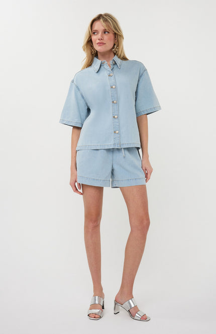 EsQualo Blouse Short Light Denim Jeans Blue HS26.12206 Stretchshop.nl