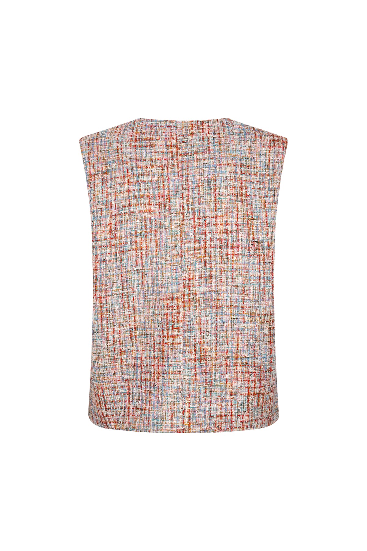 Multicolor gilet Coco van Studio Amaya met print, zachte textuur en modieuze uitstraling, gedragen door een model.