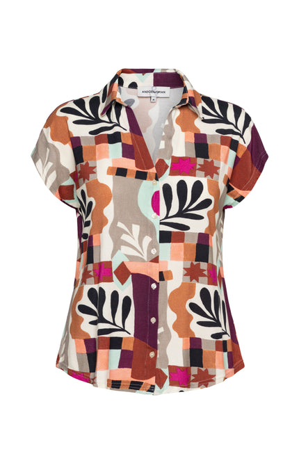 &Co woman Top Valetta Art Leaf Plum Multi BL439 Stretchshop.nl