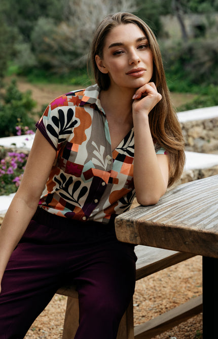 &Co woman Top Valetta Art Leaf Plum Multi BL439 Stretchshop.nl
