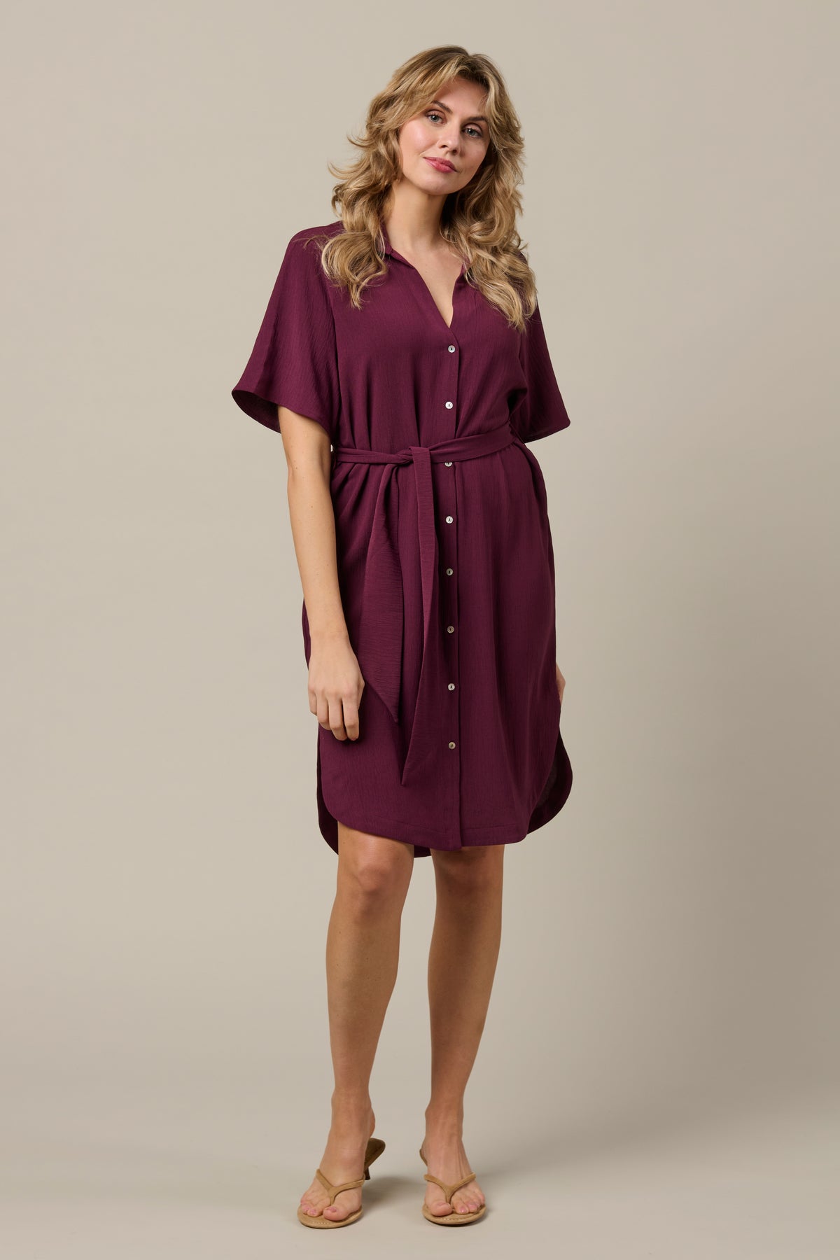 Donkerpaarse jurk Margo Plum van &Co woman, getoond op een model met lange mouwen en elegante pasvorm.