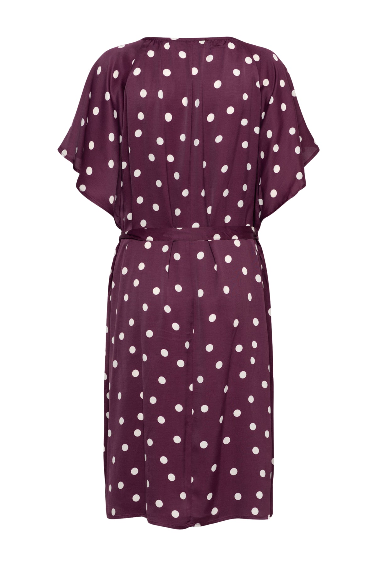 Lange, bloemenjurk van &Co woman met blauwe en paarse dots, met wijde mouwen en een elegante pasvorm.