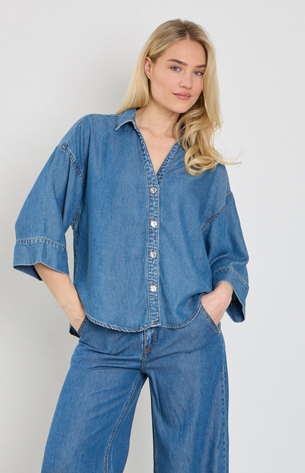 Freequent Blouse Fqmilo Medium Blue Denim 207843 Stretchshop.nl