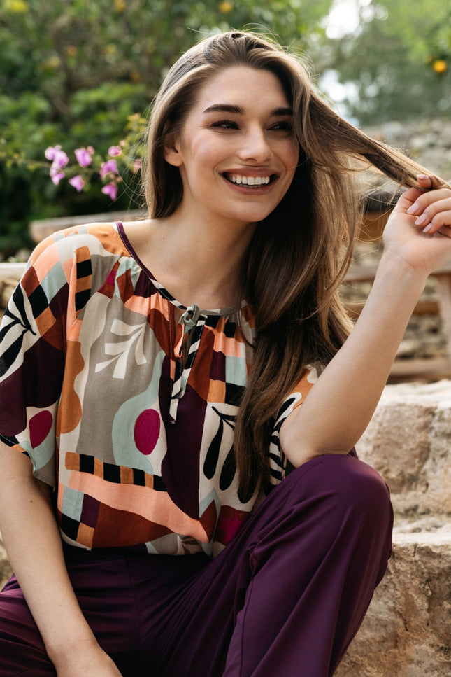 &Co woman Top Axelle Art Leaf Plum Multi TO371 Stretchshop.nl