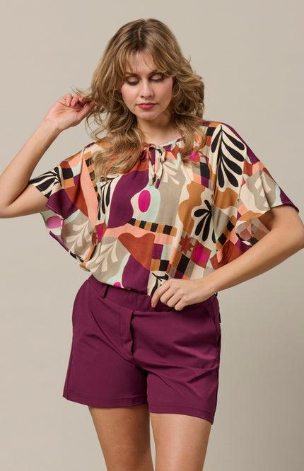 &Co woman Top Axelle Art Leaf Plum Multi TO371 Stretchshop.nl