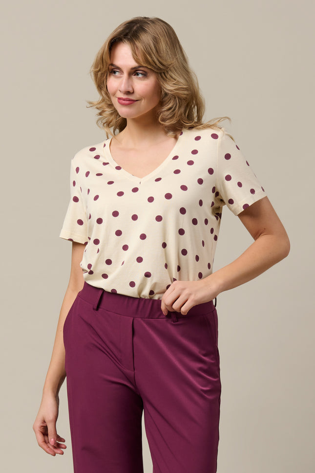 &Co woman Top Marley Dot Vanilla Plum TO373 Stretchshop.nl
