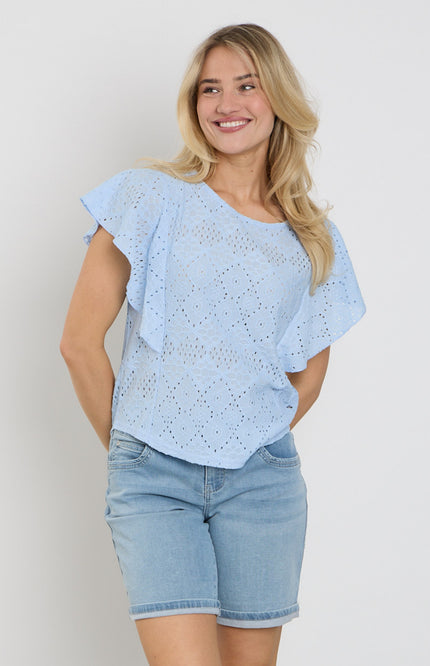 Red Button Top Ajour Ruffle Sleeve Light Blue SRB4778 Stretchshop.nl