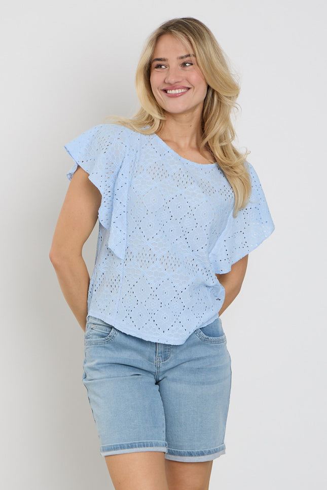 Red Button Top Ajour Ruffle Sleeve Light Blue SRB4778 Stretchshop.nl