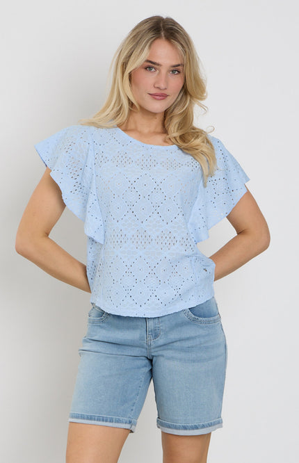 Red Button Top Ajour Ruffle Sleeve Light Blue SRB4778 Stretchshop.nl