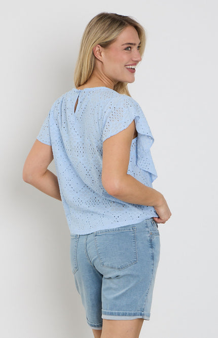 Red Button Top Ajour Ruffle Sleeve Light Blue SRB4778 Stretchshop.nl