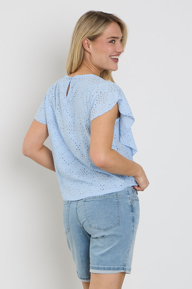 Red Button Top Ajour Ruffle Sleeve Light Blue SRB4778 Stretchshop.nl