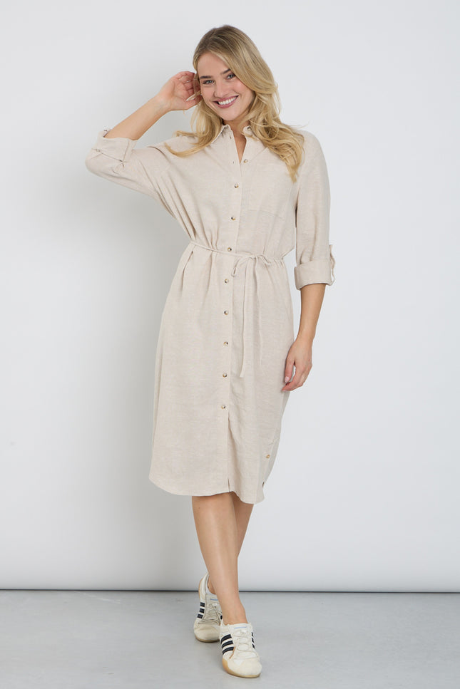 Red Button Jurk Linen Visco Melange Pebble SRB4772 Stretchshop.nl