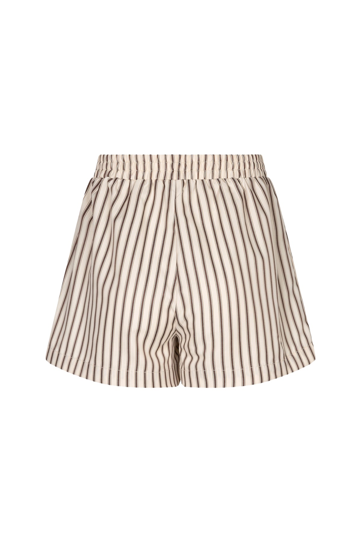 Korte Beth Brown Stripe blouse van Ydence met bruine en witte strepen en korte mouwen, gedragen door een model.