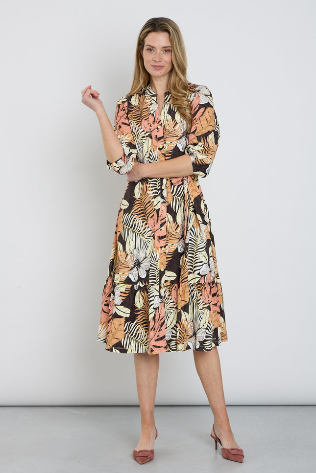 Mi Piace Travel Jurk Botanical Print Espresso 202808 Stretchshop.nl