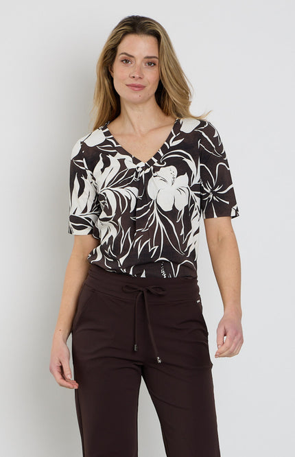 Mi Piace Travel Top Pleated Tropical Hibiscus Print Espresso 202815 Stretchshop.nl