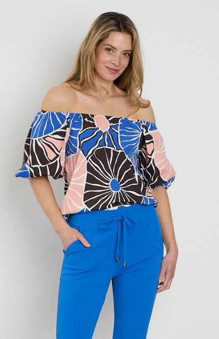 Mi Piace Travel Top Bardot Desert Anemone Print Nautic Blue 202454 Stretchshop.nl