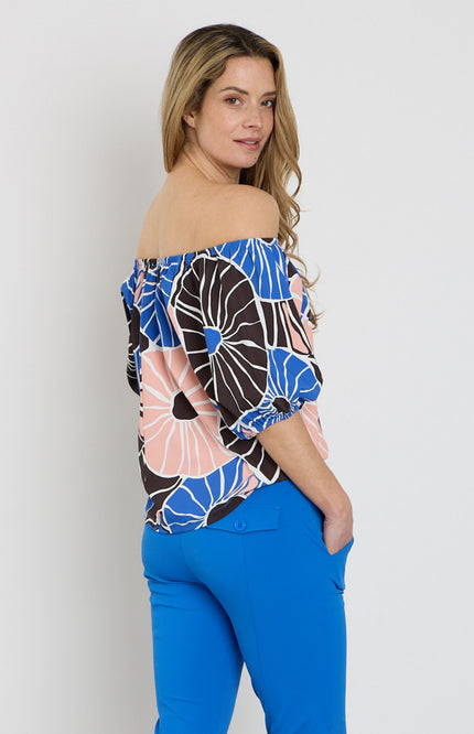 Mi Piace Travel Top Bardot Desert Anemone Print Nautic Blue 202454 Stretchshop.nl