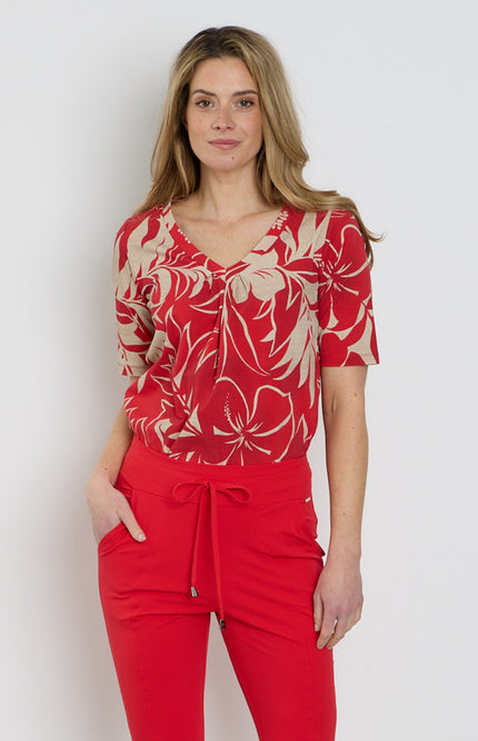 Mi Piace Travel Top Pleated Tropical Hisbiscus Print Red 202815 Stretchshop.nl