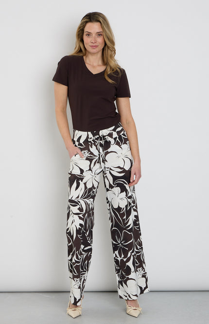 Mi Piace Travel Broek Tropical Hibiscus Print Espresso 202433 Stretchshop.nl