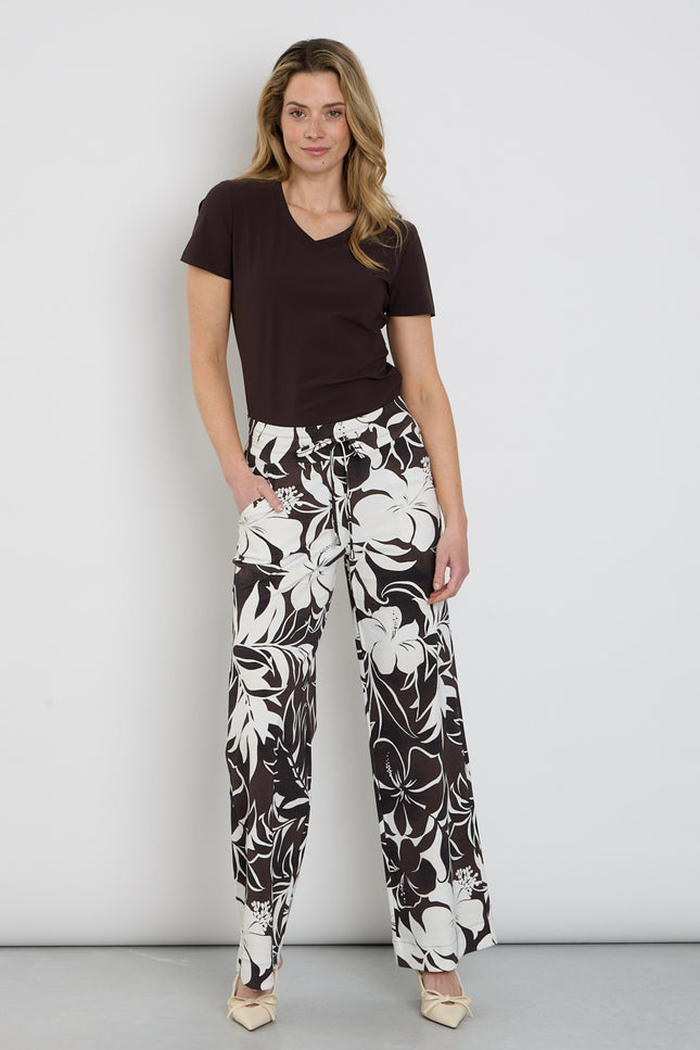 Mi Piace Travel Broek Tropical Hibiscus Print Espresso 202433 Stretchshop.nl