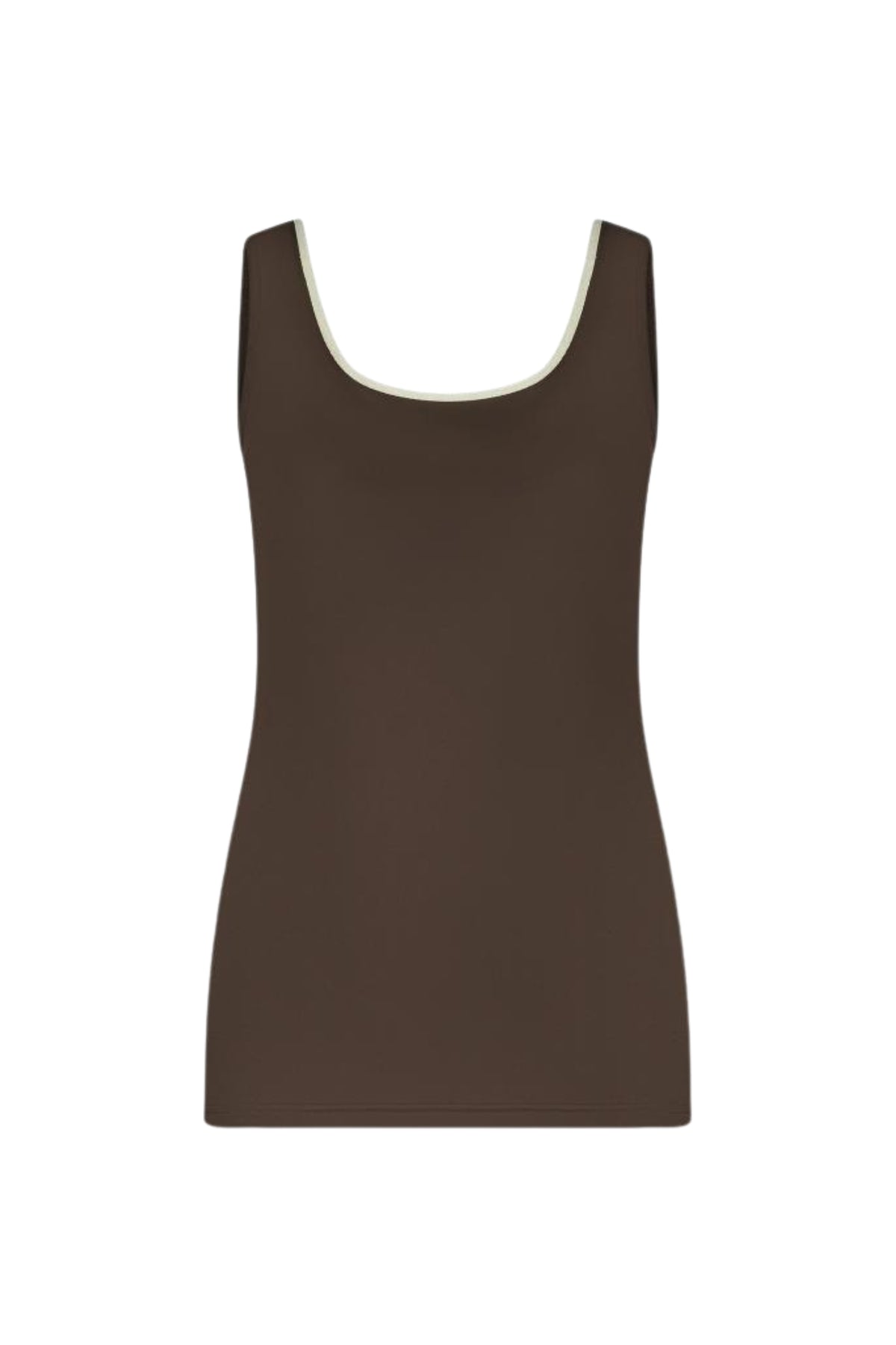 Nukus Singlet Juba Dark Chocolate Gold, zwart en goudkleurige details, close-up van het stijlvolle sporttop.