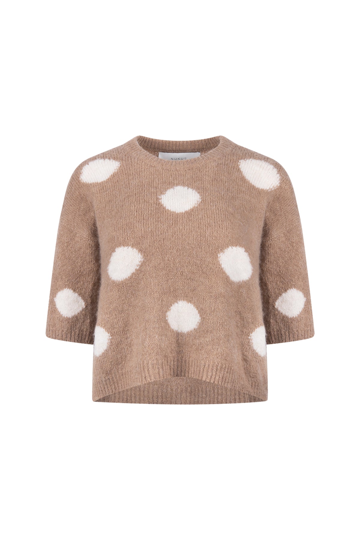 Taupe Nukus Trui Lara Dots met opvallend patroon, zachte stof en comfortabele pasvorm, geschikt voor casual draagstijl.