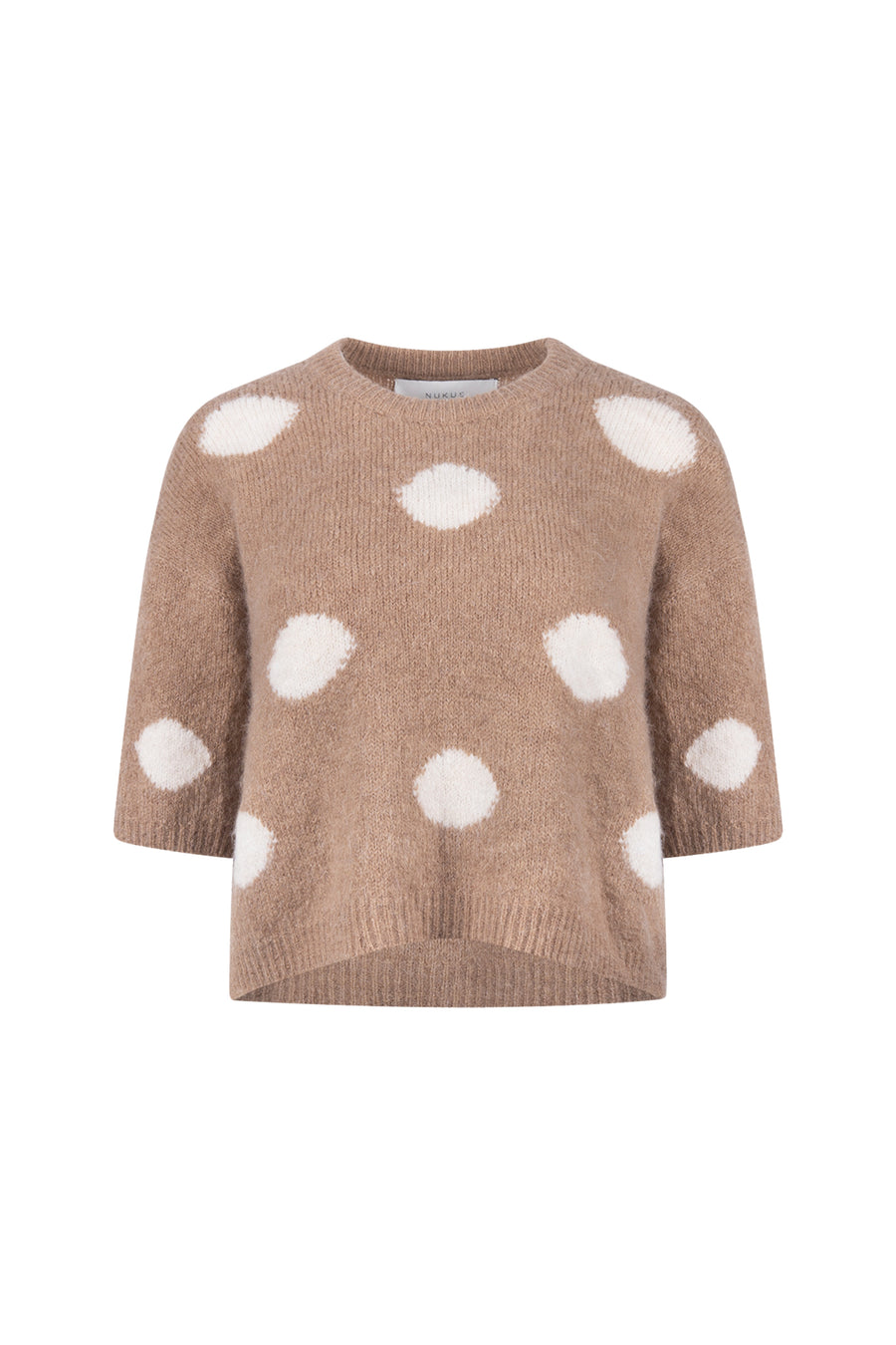 Taupe Nukus Trui Lara Dots met opvallend patroon, zachte stof en comfortabele pasvorm, geschikt voor casual draagstijl.