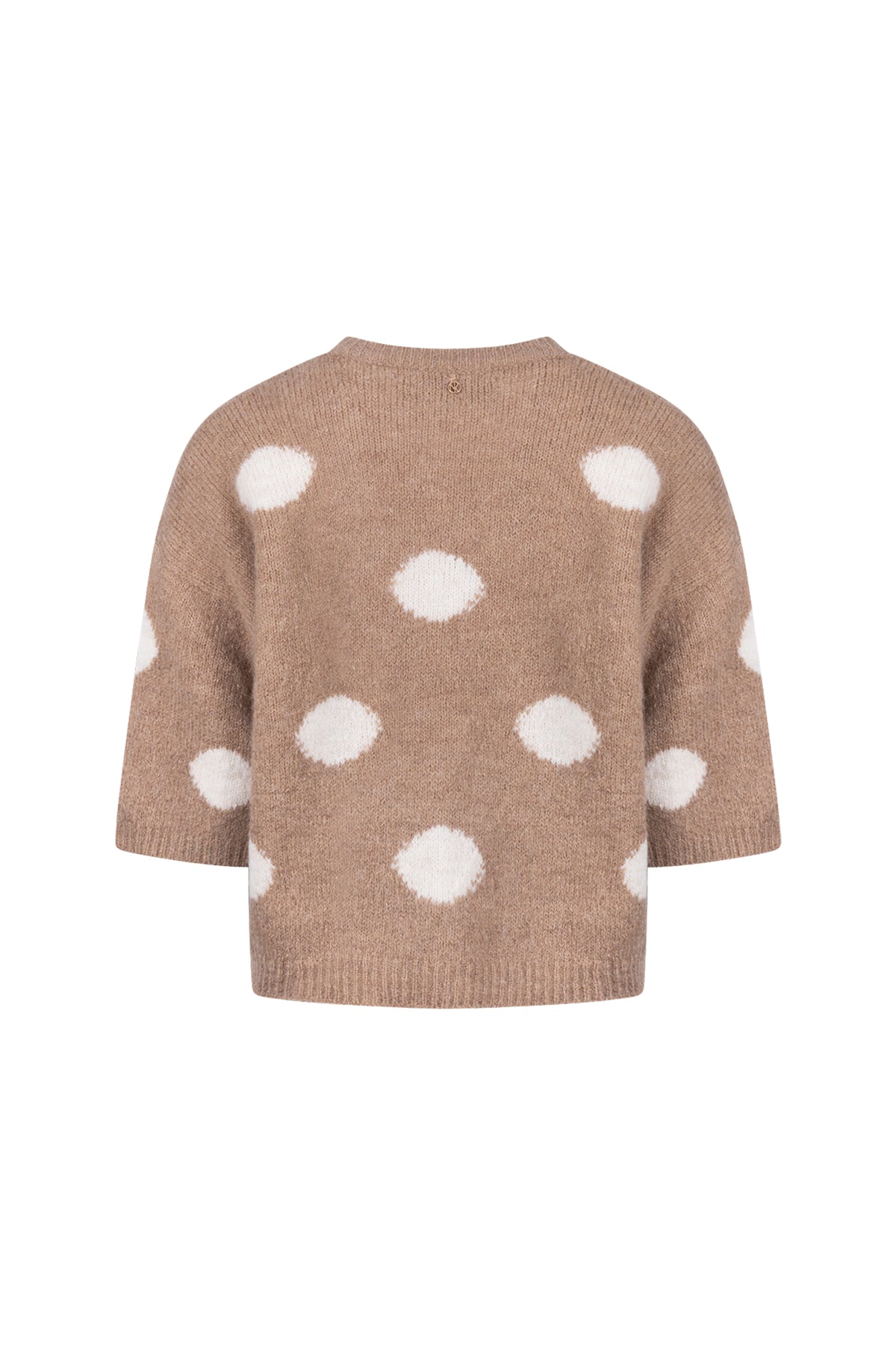 Taupe Nukus Lara Dots trui met ronde hals en gedessineerde stippen, gedragen door een model, close-up van de textuur en details.