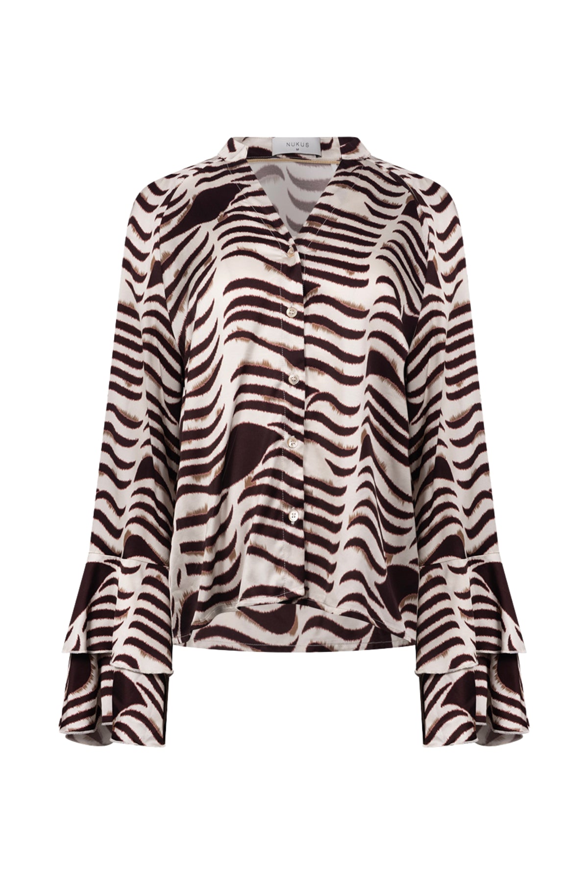 Zwarte en witte zebra blouse van Nukus met offwhite en kersenprint, elegante damesblouse met lange mouwen en knoopsluiting.