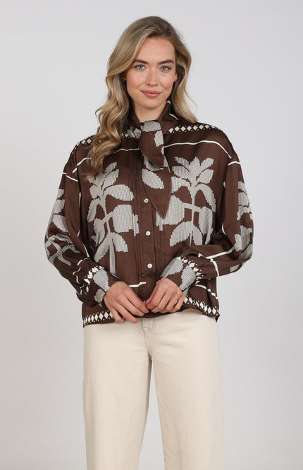 Blouse Alexandra Tie Cross Chocolate Offwhite NKF02203