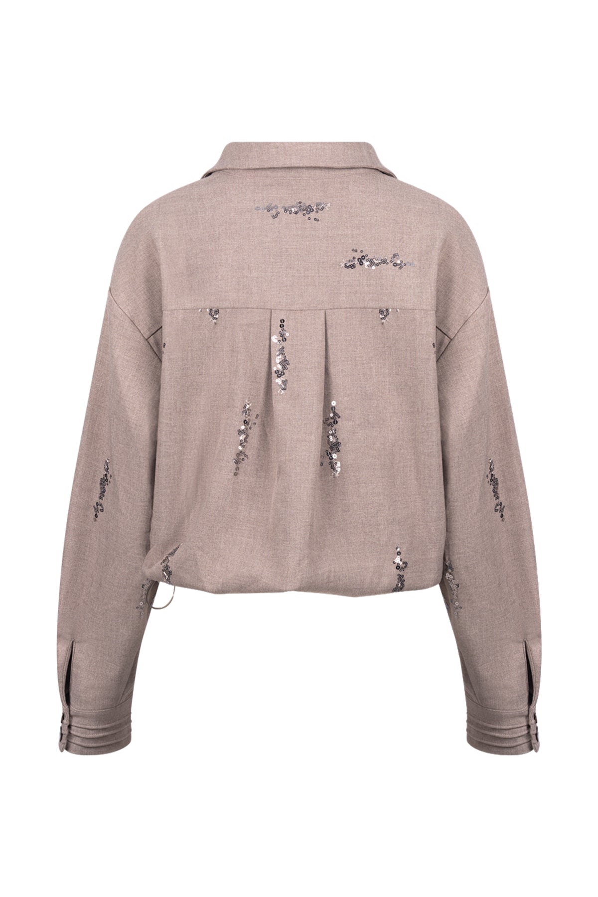Taupe Nukus Annelynn blouse met pailletten, elegante damesblouse met glanzende details en comfortabele pasvorm.