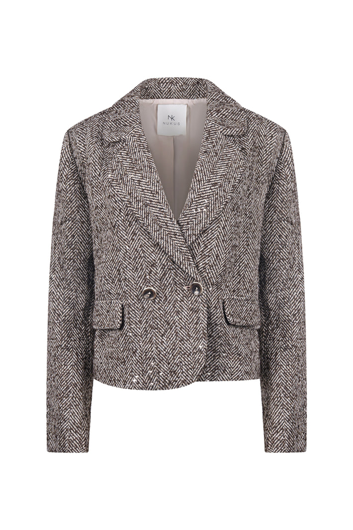 Donkere chocolade Daphne Herringbone jas van Nukus, getailleerd met geruite patroon en warme afwerking.