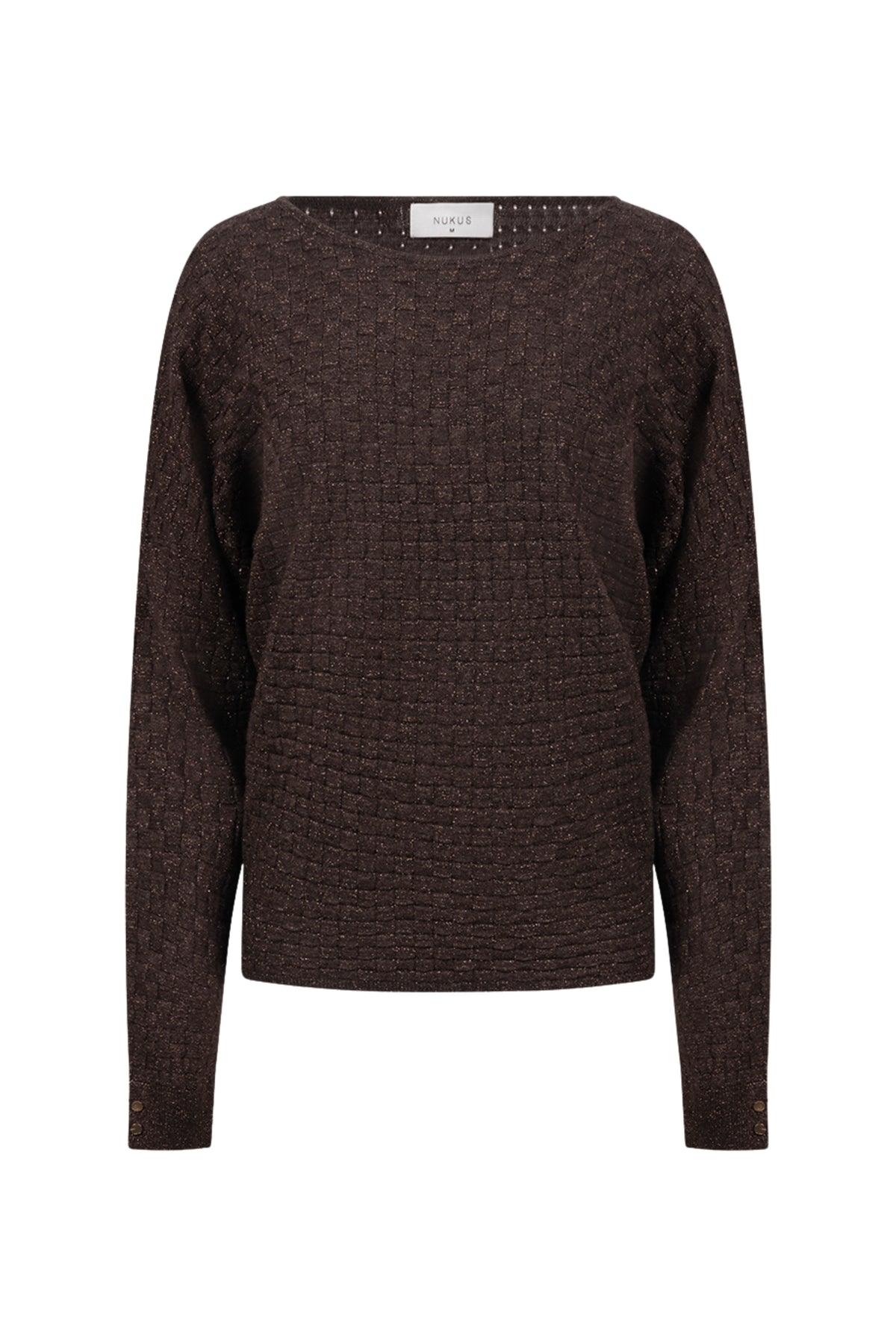 Luxe Kento Lurex top in chocoladebruin, door Nukus, met glanzende lurex details op een witte achtergrond.