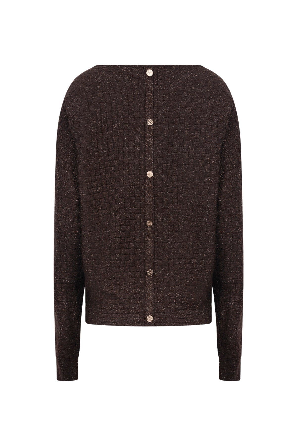 Nukus Top Kento Lurex Chocolate NKF01062, bruin gekleurd top met lurex details, zichtbaar in de afbeelding.