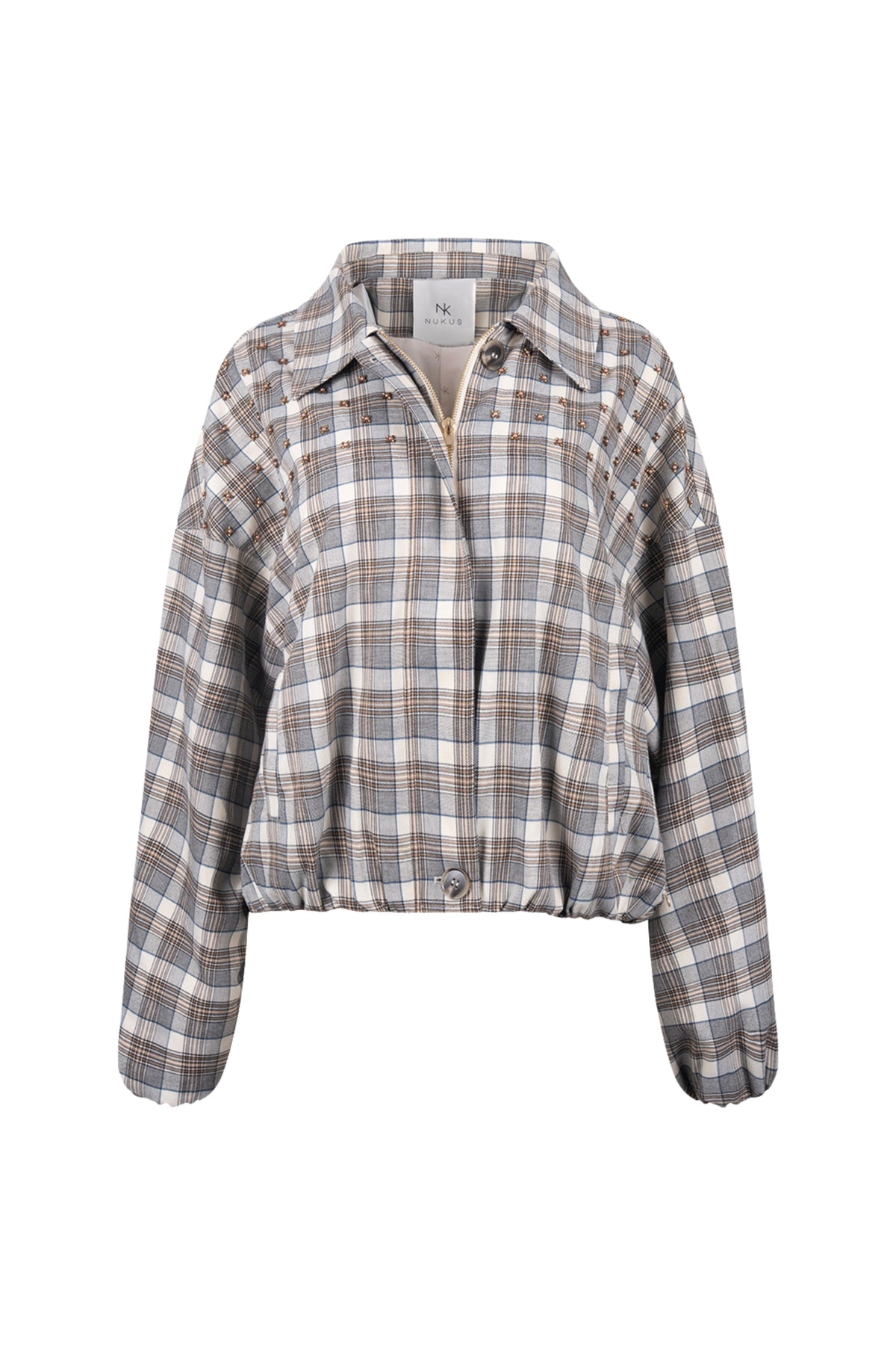 Taupe en offwhite Nukus jas Dominique met ritssluiting en capuchon, stijlvolle damesjas voor dagelijks gebruik.