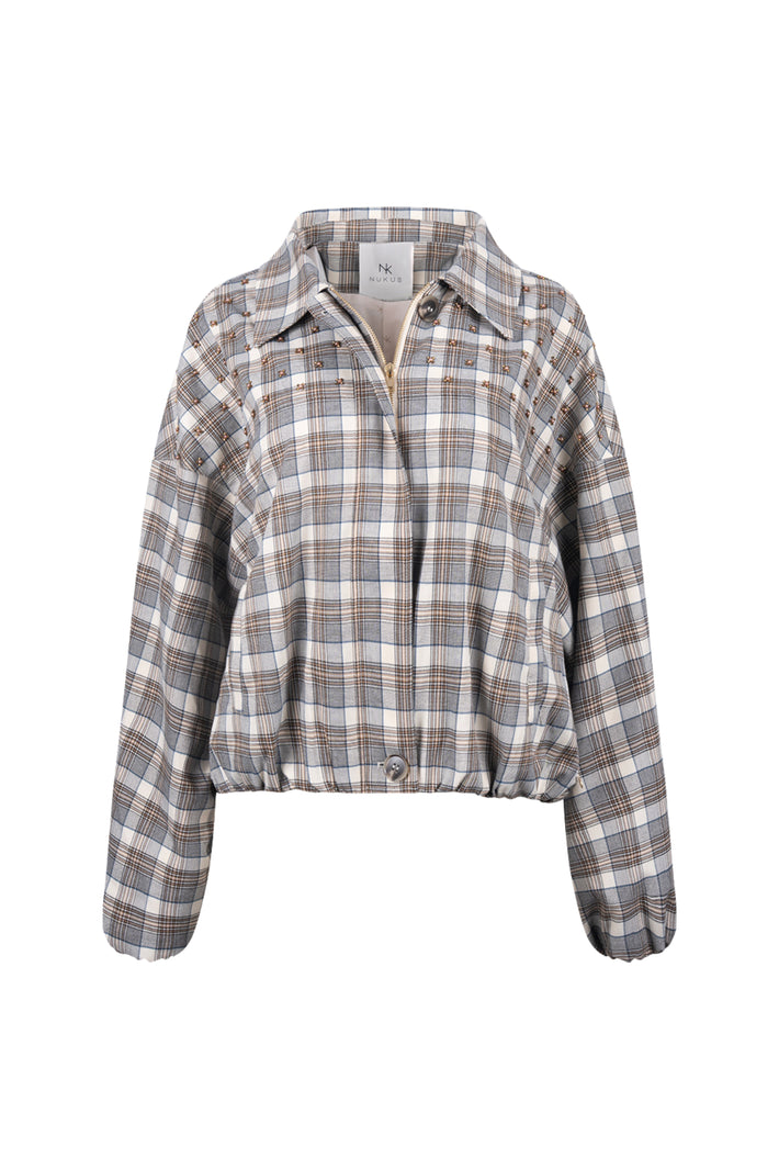 Taupe en offwhite Nukus jas Dominique met ritssluiting en capuchon, stijlvolle damesjas voor dagelijks gebruik.