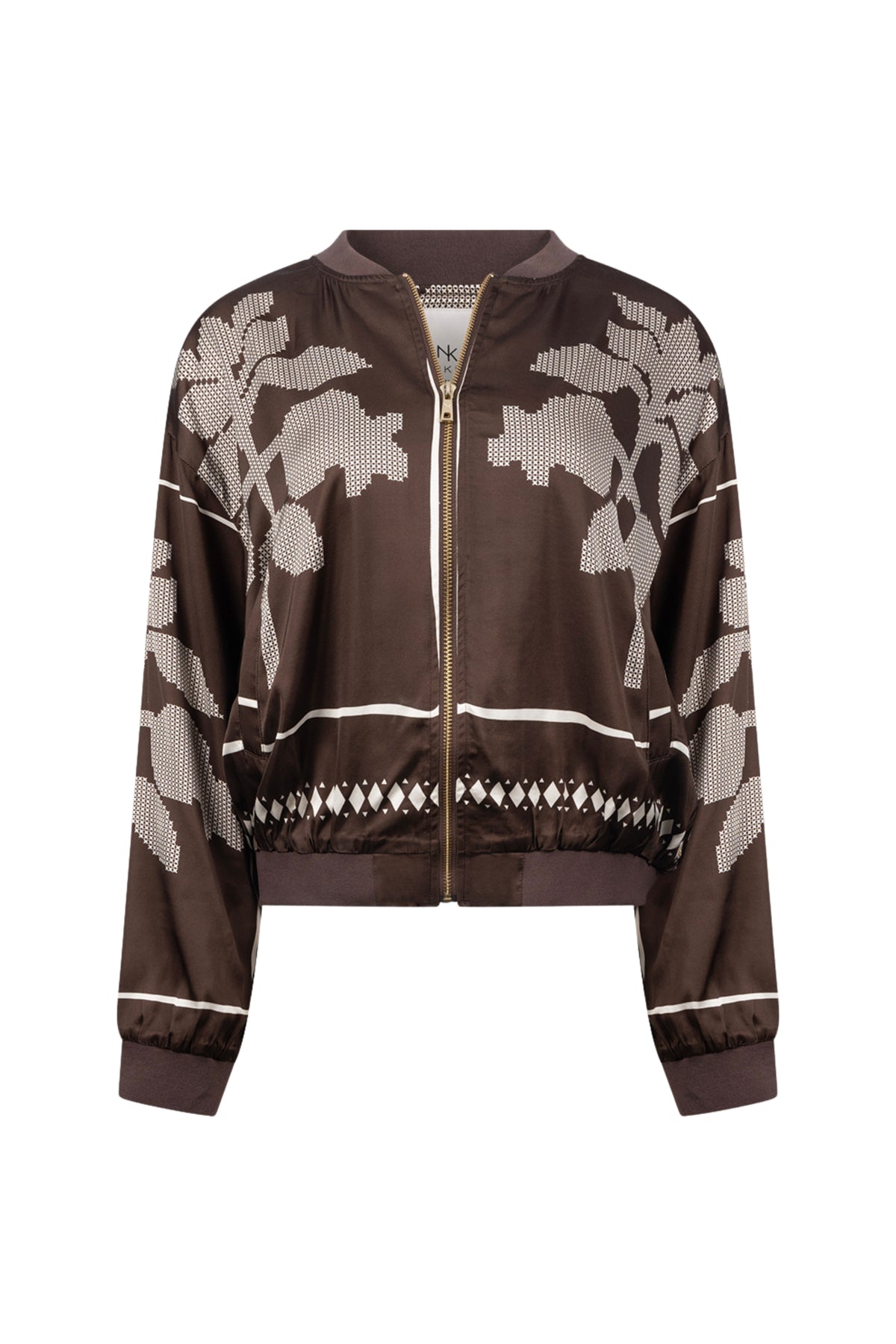 Donkerbruine en offwhite Nukus Davina Cross jas met ritssluiting en capuchon, stijlvolle damesjack in chocoladekleur.