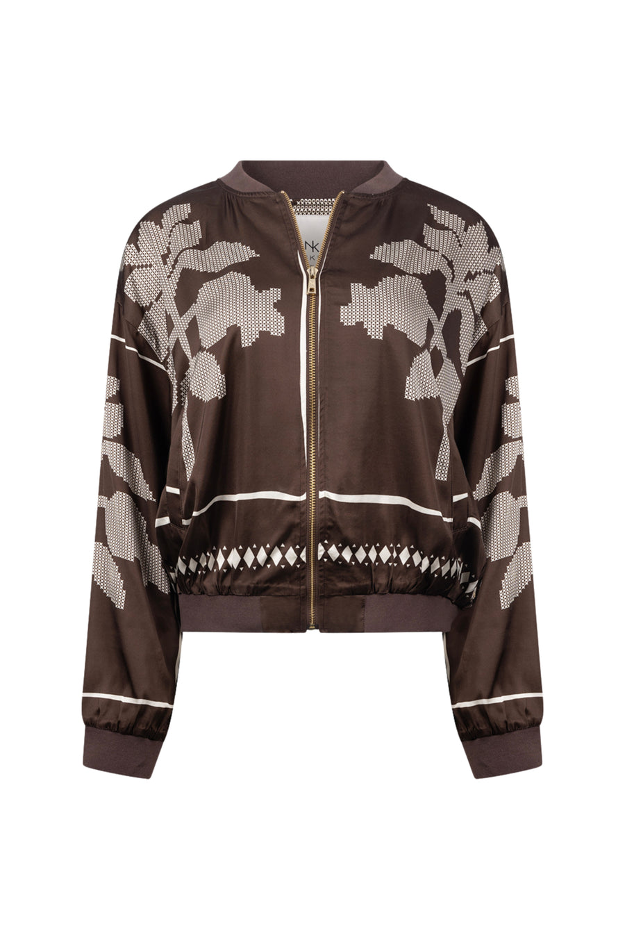 Donkerbruine en offwhite Nukus Davina Cross jas met ritssluiting en capuchon, stijlvolle damesjack in chocoladekleur.