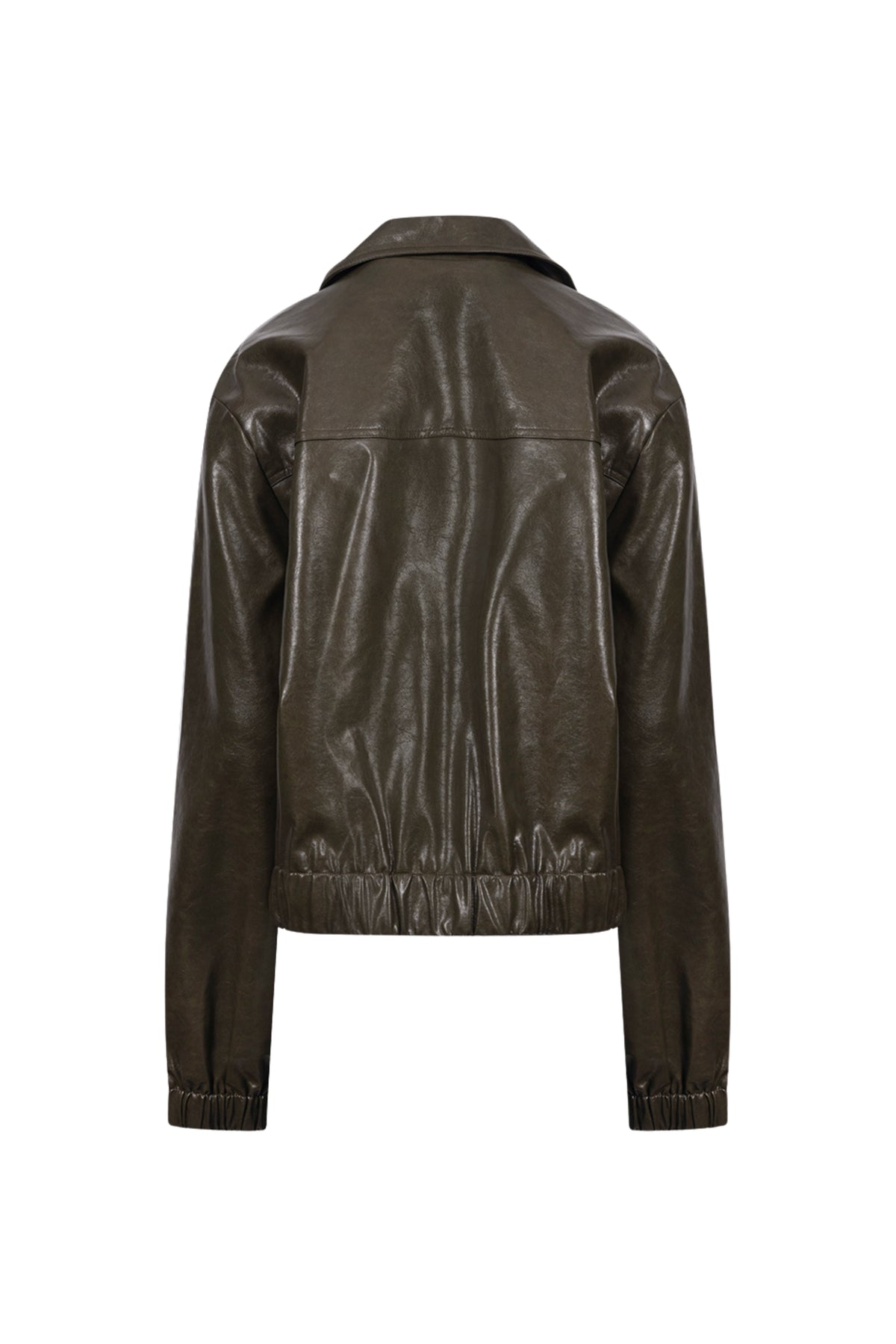 Donkere Nukus Madelin PU moss jacket met capuchon en ritssluiting, ontworpen voor een stijlvolle en praktische look.