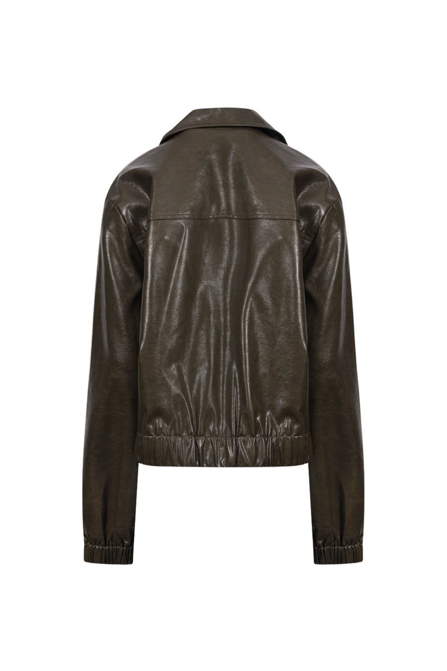 Donkere Nukus Madelin PU moss jacket met capuchon en ritssluiting, ontworpen voor een stijlvolle en praktische look.