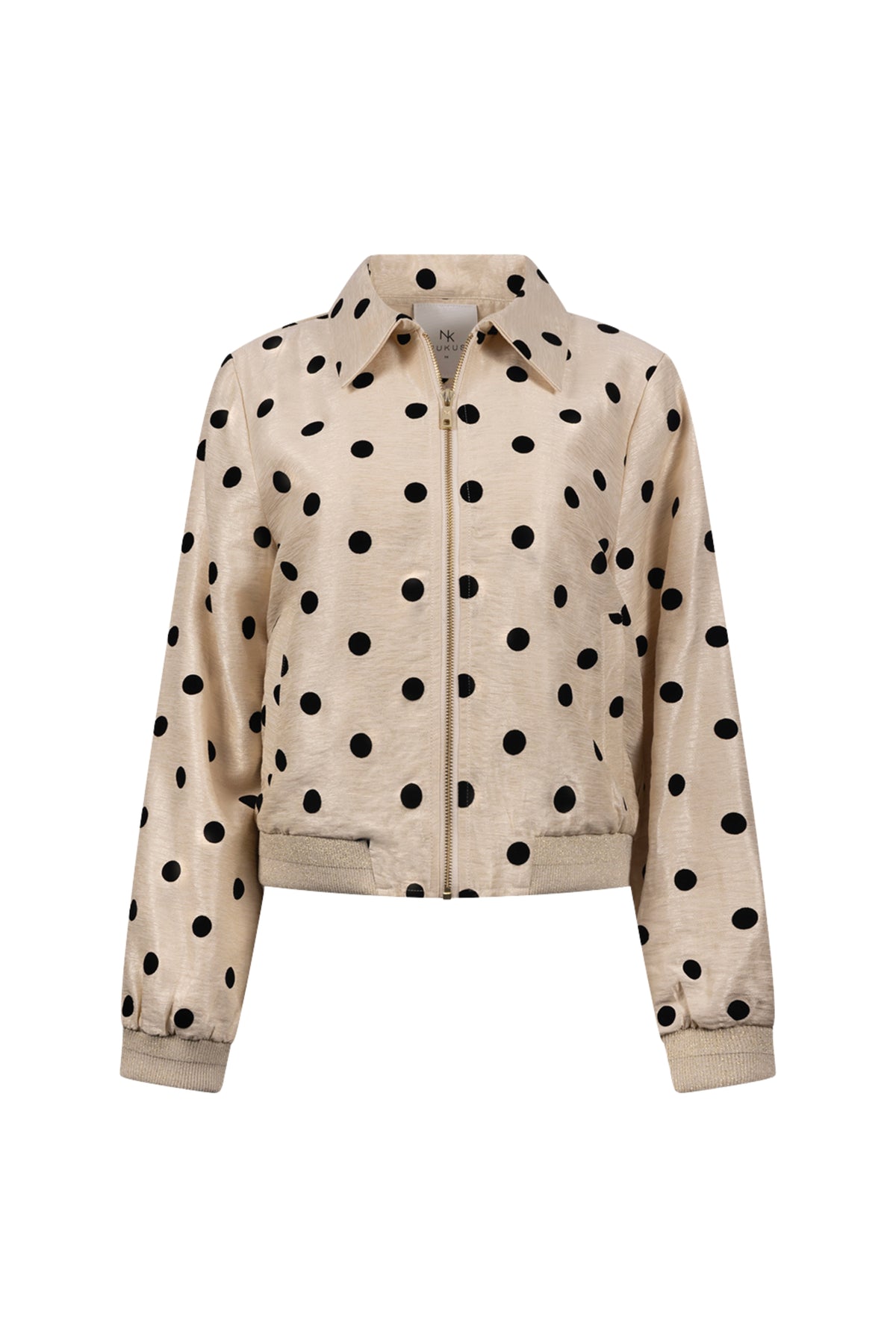 Nukus Noa Dots jas in offwhite en zwart met patroon, korte winterjas met capuchon en knopen, modieus en warm.