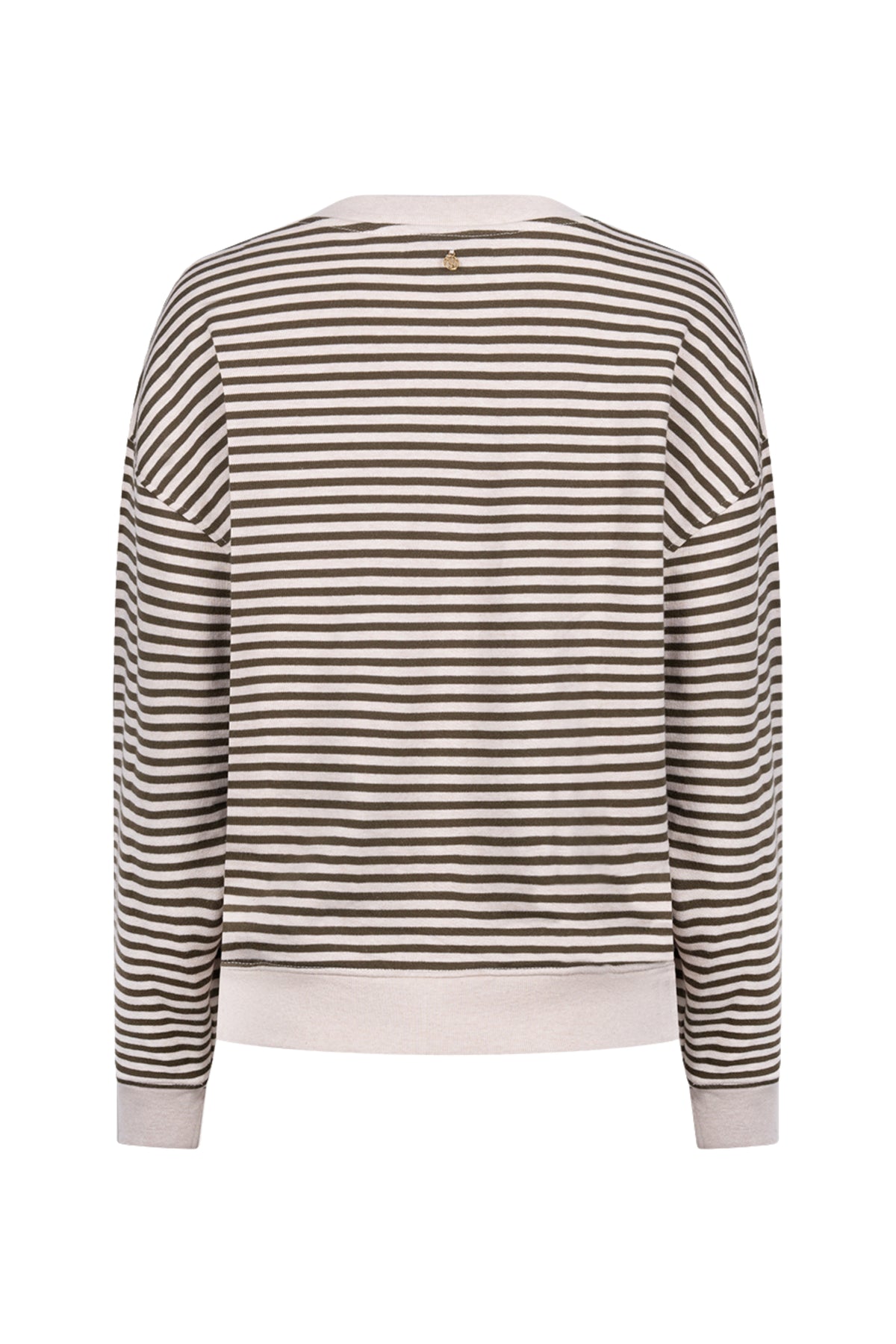 Nukus Nelly Stripe Sand Melange trui met strepen en zachte textuur, gedragen door een model.