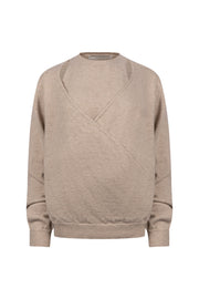 Nukus Merel Lurex Sand Melange trui met glanzende lurex details op een model, casual en comfortabel draagbaar.