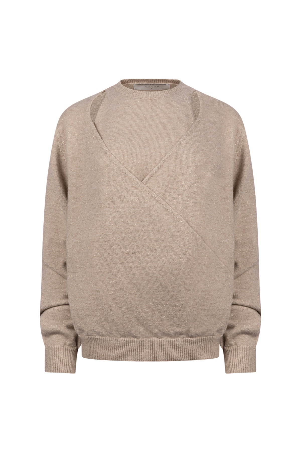 Nukus Merel Lurex Sand Melange trui met glanzende lurex details op een model, casual en comfortabel draagbaar.