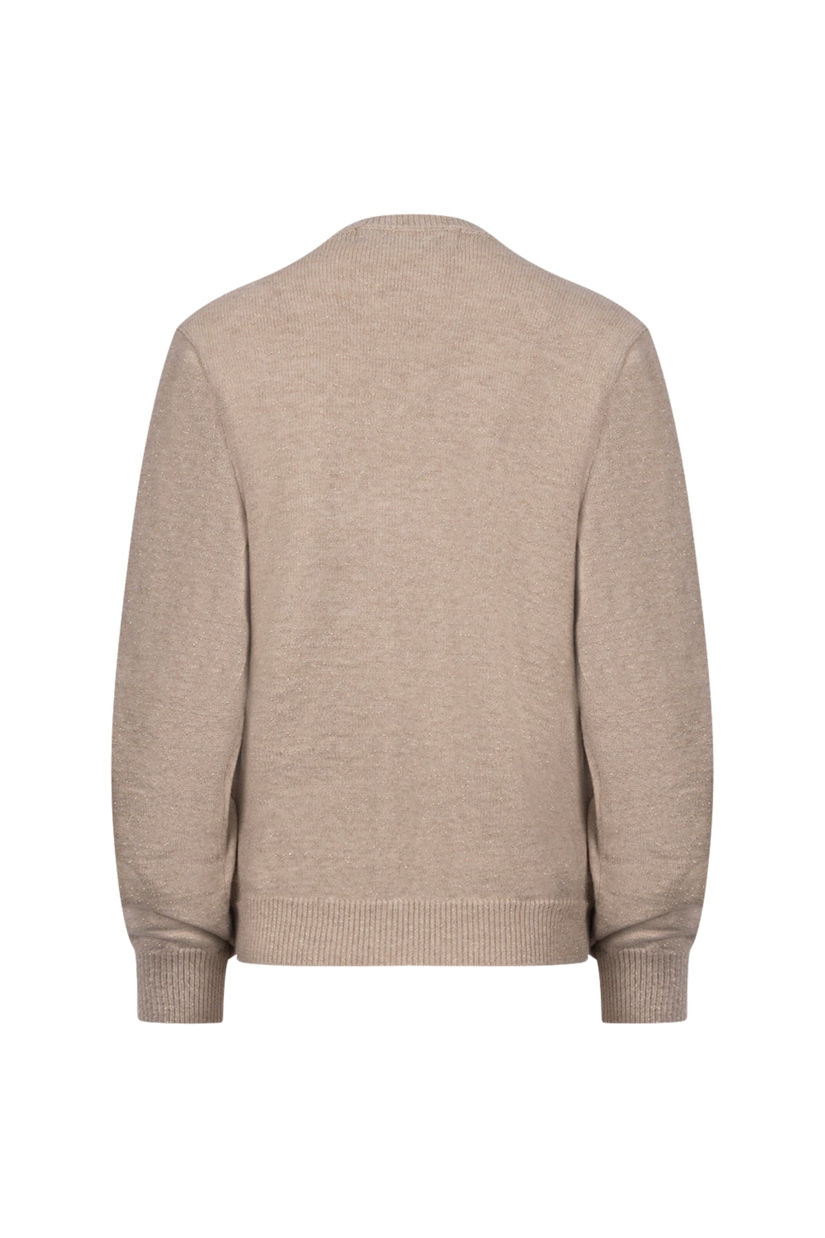 Lurex trui Merel in zand melange van Nukus, zachte gebreide top met glans en comfort, close-up van de textuur en kleur.