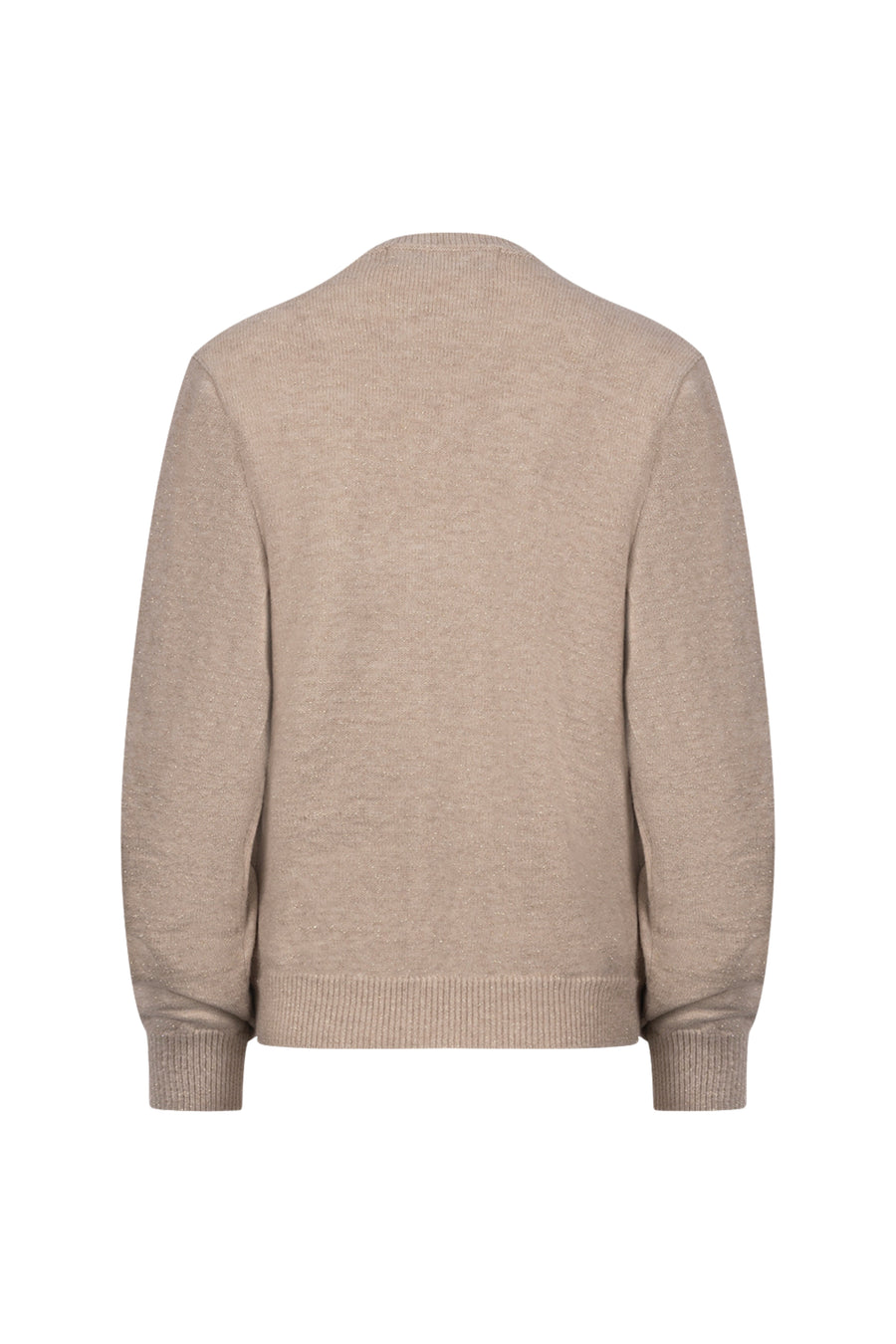 Lurex trui Merel in zand melange van Nukus, zachte gebreide top met glans en comfort, close-up van de textuur en kleur.